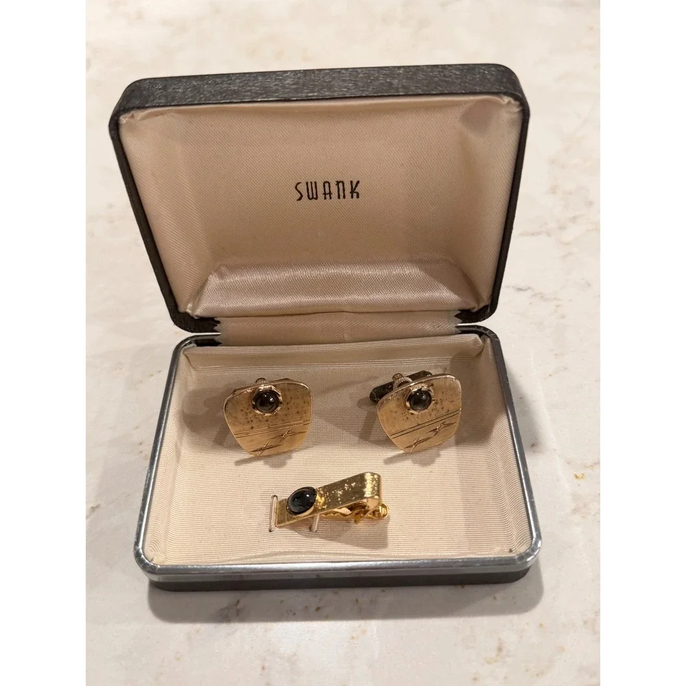 Vintage Swank Cufflinks and Tie Clip Set Gold Tone Black Cabochon with Box